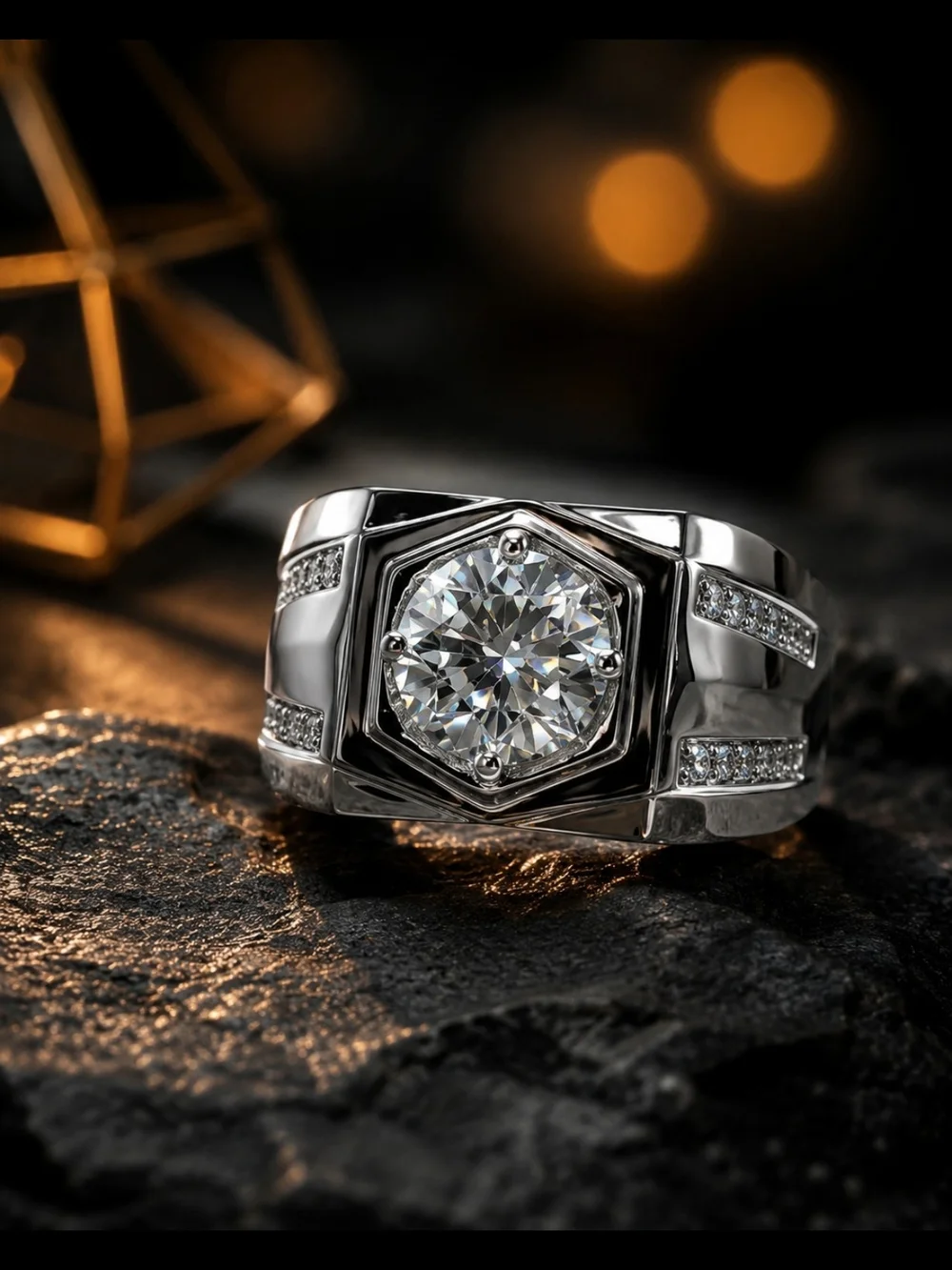 Men's Silver Tone Hexagon CZ Statement Ring Size 8 Iced Cubic Zirconia
